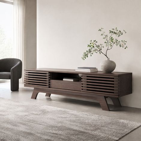 Meuble TV 150x35x44 cm en panneaux de bois naturel, avec rangement pour salon FloraGrace (1/5)