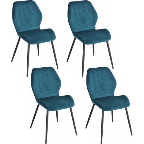 Lot 4 chaises en velours bleu canard pieds métal noir - EMILIO 2 (1/5)
