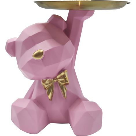 Sculpture décorative ours kawaii avec plateau de rangement, convient pour les petits objets tels que les clés, les cosmétiques, les bijoux, etc., décorations ours en résine (rose) (1/4)