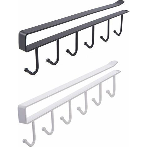 2 Pieces Under Shelf Hook, 6 Cup Holder Hook Wall Mounted Under Hanger For Hanging Clothes, Cup, Bags, Belts, Scarves (White, Black) (1/5)