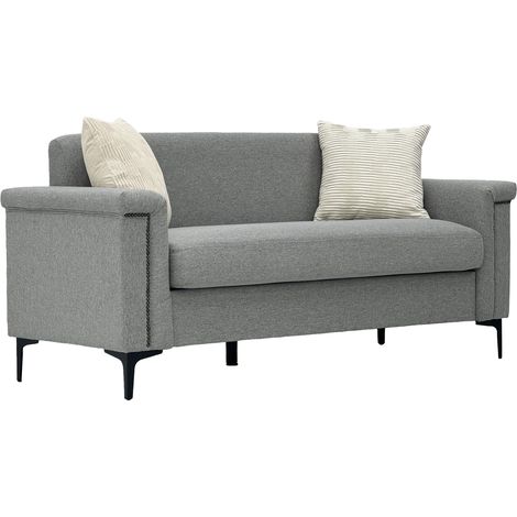 Hellgraues 2-Sitzer-Sofa aus Leinenoptik-Stoff mit Metallbeinen und Nieten (1/5)