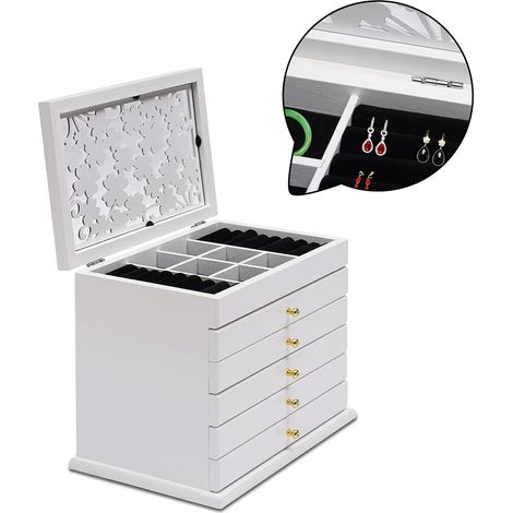 Schmuckkasten aus Holz Schmuckschatulle mit 6 Ebenen Weiß Schmuckbox für Ohrringe, Ringe, Halsketten, Uhren, Haarspange (1/5)