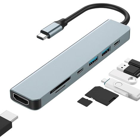 Hub USB-C 7 in 1, ricarica da 100 W, adattatore USB-C con HDMI (4K@30Hz), lettore di schede SD/TF, compatibile con MacBook, computer desktop, unità flash USB e laptop. (1/5)