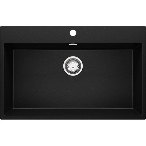 PRIMAGRAN Evier Cuisine en Granit 78x50cm, Lavabo 1 bac + Kit de Vidage, Évier à Encastrer au meuble 80cm - Riga, Noir Métallisé