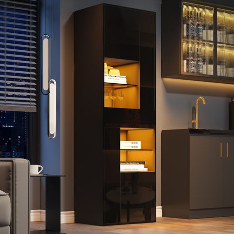 Vitrina 55x38x170 cm negra en tablero de partículas y vidrio con LED, 1 cajón, 4 puertas y almacenamiento modular