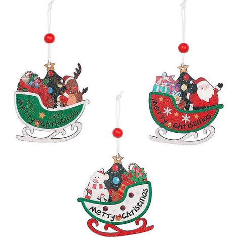 Lot de 3 décorations de Noël en bois peint, à suspendre : sapin de Noël, Père Noël et bonhomme de neige. (1/5)