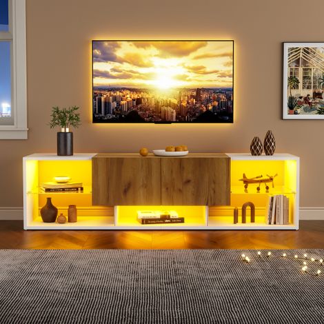 Meuble TV à 3 niveaux (compatible avec les téléviseurs jusqu'à 70 pouces) — Meuble multimédia de style moderne avec étagère en verre et deux tiroirs — Console TV — Idéal pour le salon et la chambre (1/5)