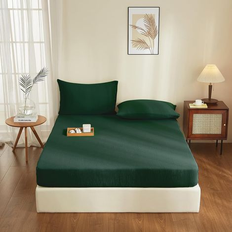 Muslin Fitted Sheet, Double Fitted Sheet, 160 x 200 cm, 100% Cotton, Dark Green, 160 x 200 cm, Soft (1/5)