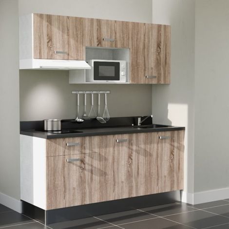 Kitchenette K30L - 180 cm - plan monobloc évier intégré Nero- évier à droite - Façades Bois + Electroménager inclus coloris Blanc