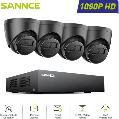 SANNCE 1080P Kit de Videovigilancia Exterior,4 Cámaras Turret 2MP  Visión Nocturna Sistema Cámara de Seguridad Acceso Remoto (1/5)