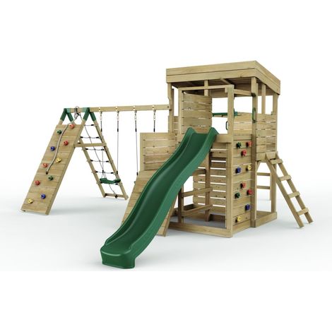 2 Tier XL Lookout Tower Playhouse with Double Swing and Monkey Bars plus Climbing Wall and Slide