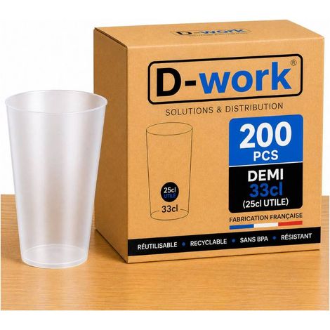 Lot de Verres Gobelets Réutilisables 33 cl (25 cl utile) en Polypropylène Sans BPA, Translucides, Résistants et Recyclables, Idéal Soirées, Bars, Événements et Professionnels - D-Work