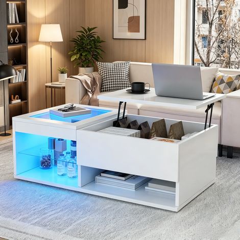 JOOKGBD-Anhebbarer rechteckiger Couchtisch, Hochglanz-Couchtisch mit LED, Moderne Wohnzimmertische mit Ablage, Couchtisch mit offenem Regal, Versteckter Stauraum, Weiß