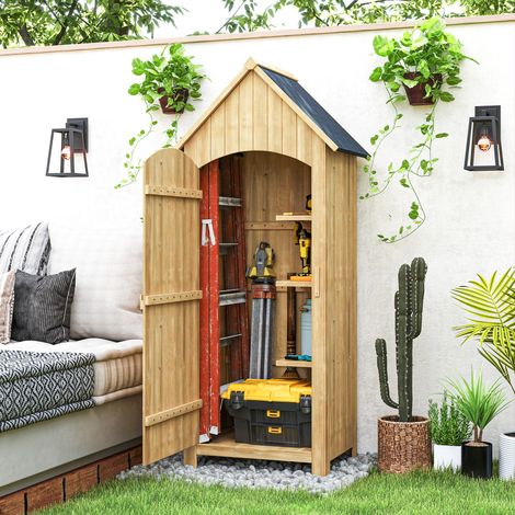 Outsunny Abri de jardin en bois cabane de jardin exterieur armoire de jardin avec toit bitumé 3 étagères porte avec loquet rangement et stockage extérieurs pour terrasse 77.5 x 54.2 x 179.5 cm naturel