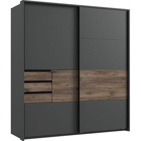 Armoire, meuble de rangement coloris graphite, rechampis imitation chêne - Longueur 180 x Hauteur 198 x Profondeur 65 cm -PEGANE- (1/2)
