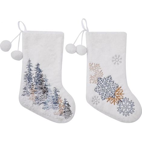 2 décorations de Noël : pompons en laine brodés, sapin de Noël en forme de flocon de neige, chaussettes de Noël blanches, sac cadeau de Noël pour enfants (1/5)
