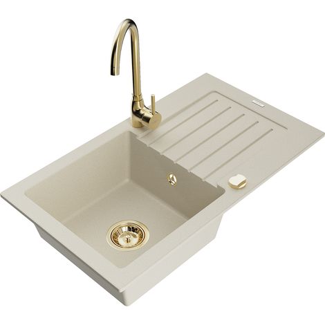 Mexen Pablo fregadero de granito de 1 compartimento con escurridor y grifo de cocina Telma, beige - 6510-69-670200-50