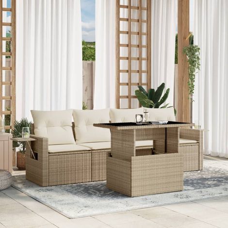 Muebles de exterior - vidaXL Juego de sofás jardín con cojines 5 pzas ratán sintético beige - Mesa de jardín (1/5)