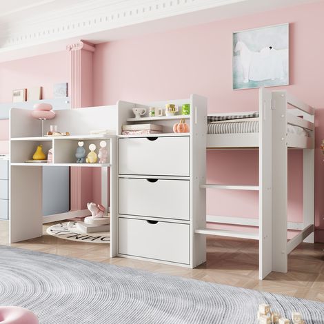 Letto a soppalco 205x124.5x101 cm, con cassetti, ripiani aperti, 3 scomparti chiusi, in pino, bianco (1/5)