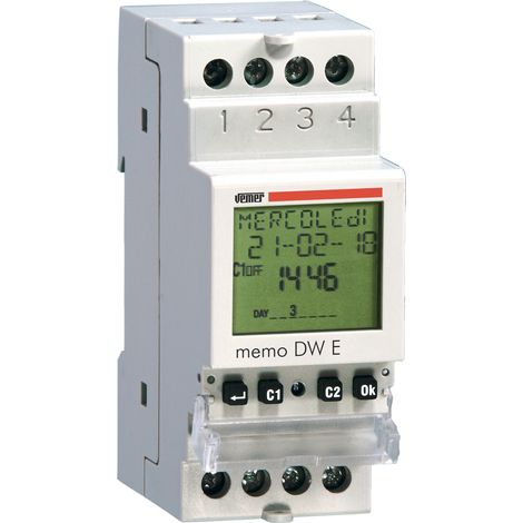 Interrupteur horaire numérique 230V AC – Programmation quotidienne/hebdomadaire – 1 relais – Écran LCD rétro-éclairé – 2 modules DIN – Vemer