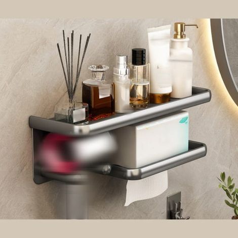 Support Sèche-Cheveux et Porte-Papier Toilette Sans Percer, Étagère Salle de Bain , Alliage Robuste,Rangement Polyvalent et Économie d’Espace (1/5)