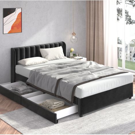 Lit rembourré moderne 160x200 cm en velours noir avec tête de lit haute, sommier à lattes et 2 tiroirs (1/5)
