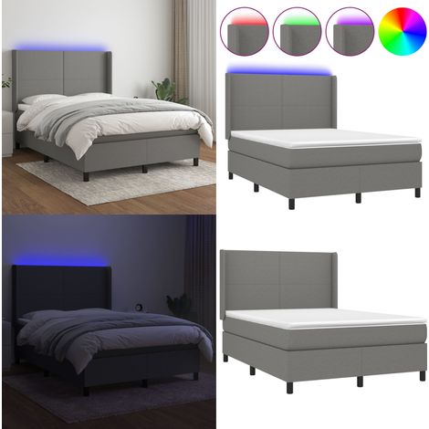 Sommier à lattes de lit matelas LED Gris foncé 140x200 cm Tissu - Sommier Tapissier - Lit Avec Led - Matelas À Ressorts Ensachés - Têted Lit Ajustable - Éclairage Led - Home & Living (1/5)