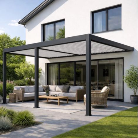 Pergola Bioclimatique motorisée Ombréa 4x8M adossée – Anthracite et Blanc (1/5)