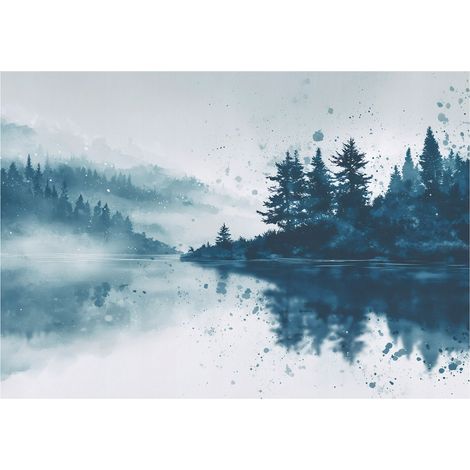 Fototapete Wald Nebel See Natur – Moderne Großformat Wandtapete 150x105 cm – Für Wohnzimmer & Schlafzimmer