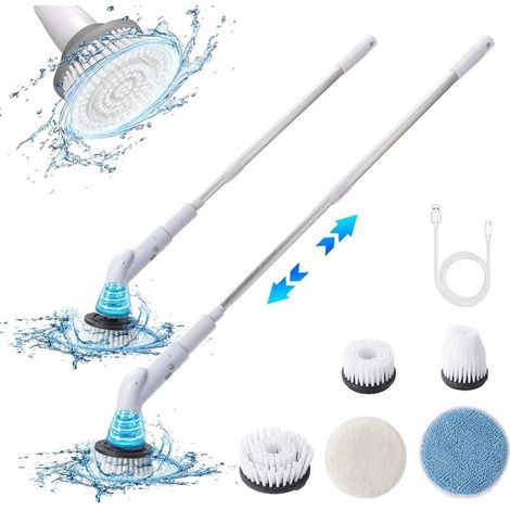 Weiße, rotierende elektrische Reinigungsbürste (inkl. 5 austauschbarer Bürstenköpfe und ausziehbarem Teleskopgriff) zur Reinigung von Badezimmerfliesen (1/5)