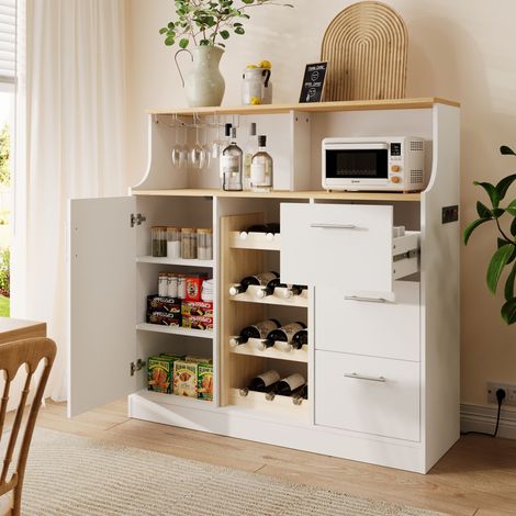Mobile Bar Credenza con 1 Anta, 3 Cassetti, 2 Ripiani Aperti, Portabottiglie, Portacalici e LED 120×40×121 cm (1/5)