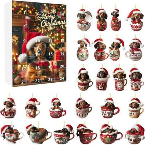 Calendrier De L Avent Teckel - Acrylique 2D - 24 Pièces Avec Chapeaux Pere Noel - Décoration Maison Noël - 1 Unité (1/4)