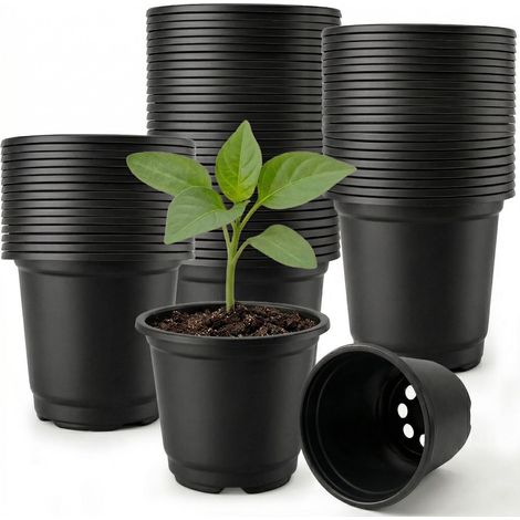 100 Pieces Pot Semis Rond,Pot de Repiquage 10 cm,Pots de Fleurs Plastique,Réutilisables Pot de Culture pour Plantation Intérieure et Extérieure (Noir) (1/4)