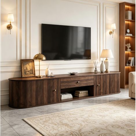 TV-Lowboard 180 x 40 x 40 cm aus Spanplatten in Nussbaum für Fernseher bis 75 Zoll (1/5)
