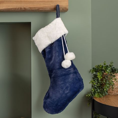 55cm Blue Soft Plush Hanging Christmas Stocking with Faux Fur Trim and Pom Poms (1/5)
