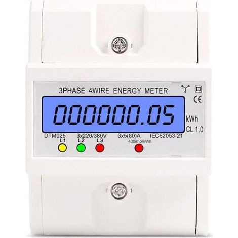 Indicateur de consommation d'énergie Compteur d'énergie triphasé à quatre fils 220/380V 5-80A Consommation d'énergie kWh Compteur d'énergie numérique à montage sur rail DIN avec écran LCD rétroéclairé (1/5)