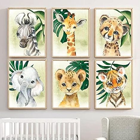 Poster Forêt Animaux Bébé Enfants Peinture sur Toile Décorative (6 Pièces)