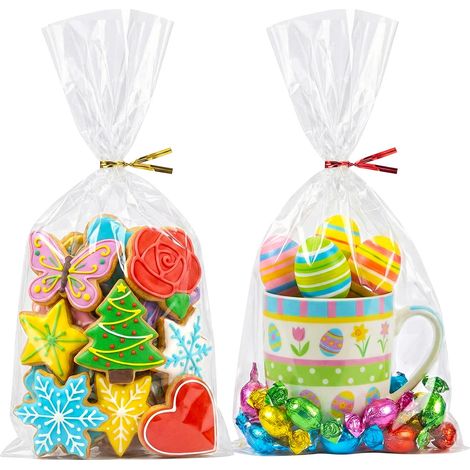 Sachets cellophane Morepack 7 x 13 pouces, 200 pièces, sachets cadeaux transparents avec attaches torsadées, sachets de fête (plats, sans soufflet)