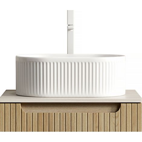 Cuenco de baño de 49 cm, cuenco de cerámica ovalado rayado solo, SIN grifo y desagüe, SIN mueble, blanco (1/4)