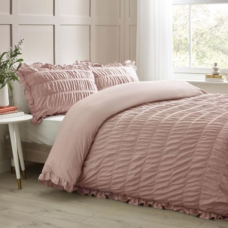 Parure de lit Simple avec Housse de Couette et taie d'oreiller en Seersucker à Volants Rose (1/4)