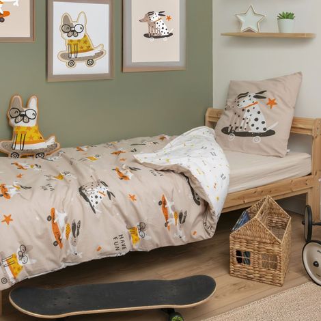Parure de lit 140x200cm + 1 taies d'oreiller 63x63cm motif chiens skaters - BARNABE (1/5)