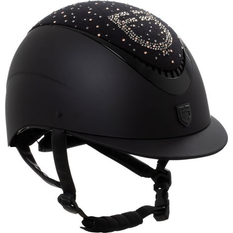 55-57 cm, Nero e Nero: Casco da donna per equitazione con visiera stretta modello Proxima con brillantini e rotella di regolazione