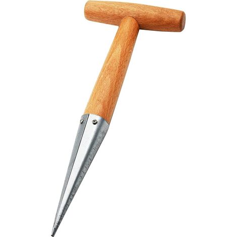 Langstieliges Gartengerät zum Pflanzen von Samen und Blumenzwiebeln, manueller Blumenzwiebelpflanzer aus Metall und Holz. (1/5)