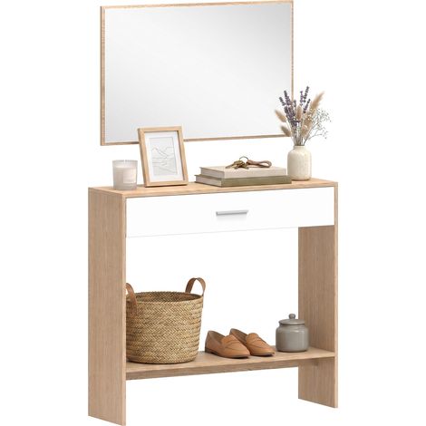 Console meuble + miroir, table console étroite avec tiroir et étagère, style moderne, 91,5 x 27,9 x 85,5 cm, chêne (1/5)