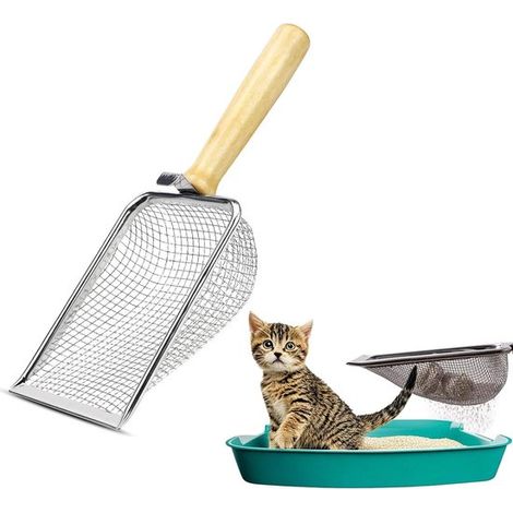 Pala para arena de gato de acero inoxidable con mango de madera y pala metálica fina de 5 mm - Pala duradera para arena de gato (1/5)