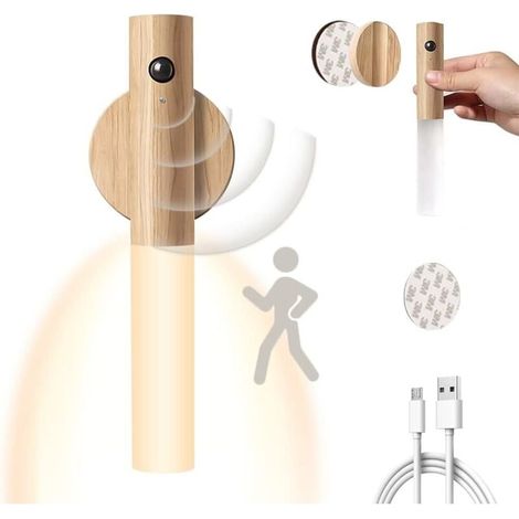 Lampe murale d'intérieur en bois rechargeable par USB avec détecteur de mouvement, alimentée par batterie, lumière blanche chaude, lampe de chevet magnétique, [Classe énergétique A] (1/4)