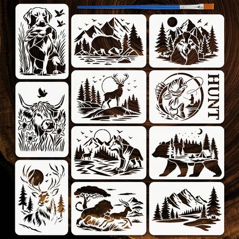11Pcs Pochoir de Paysage de Chasse Avec Pinceau 21x29.7cm Pochoirs Animaux Sauvages Pochoirs de Paysage de Montagnes et Forêts Pochoir Thème Nature pour Ours Cerfs Loups Pêche et Bétail (1/5)