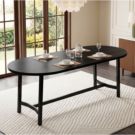 Table à manger 180x80 cm pour 6 à 8 personnes, coins arrondis, style simple, pieds en métal, coloris noir (1/5)
