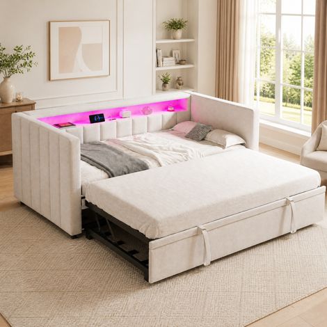 DESMIU Lit gigogne 90 × 190 cm 2 places avec USB-Type-C, LED réglable et rangement, sans matelas, en velours beige (1/4)