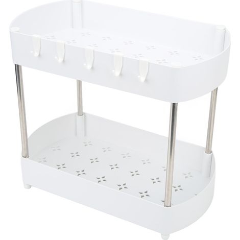 Étagère de rangement sous évier 2 niveaux ABS blanc avec support acier inoxydable et 5 crochets, armoire de salle de bain ajourée.